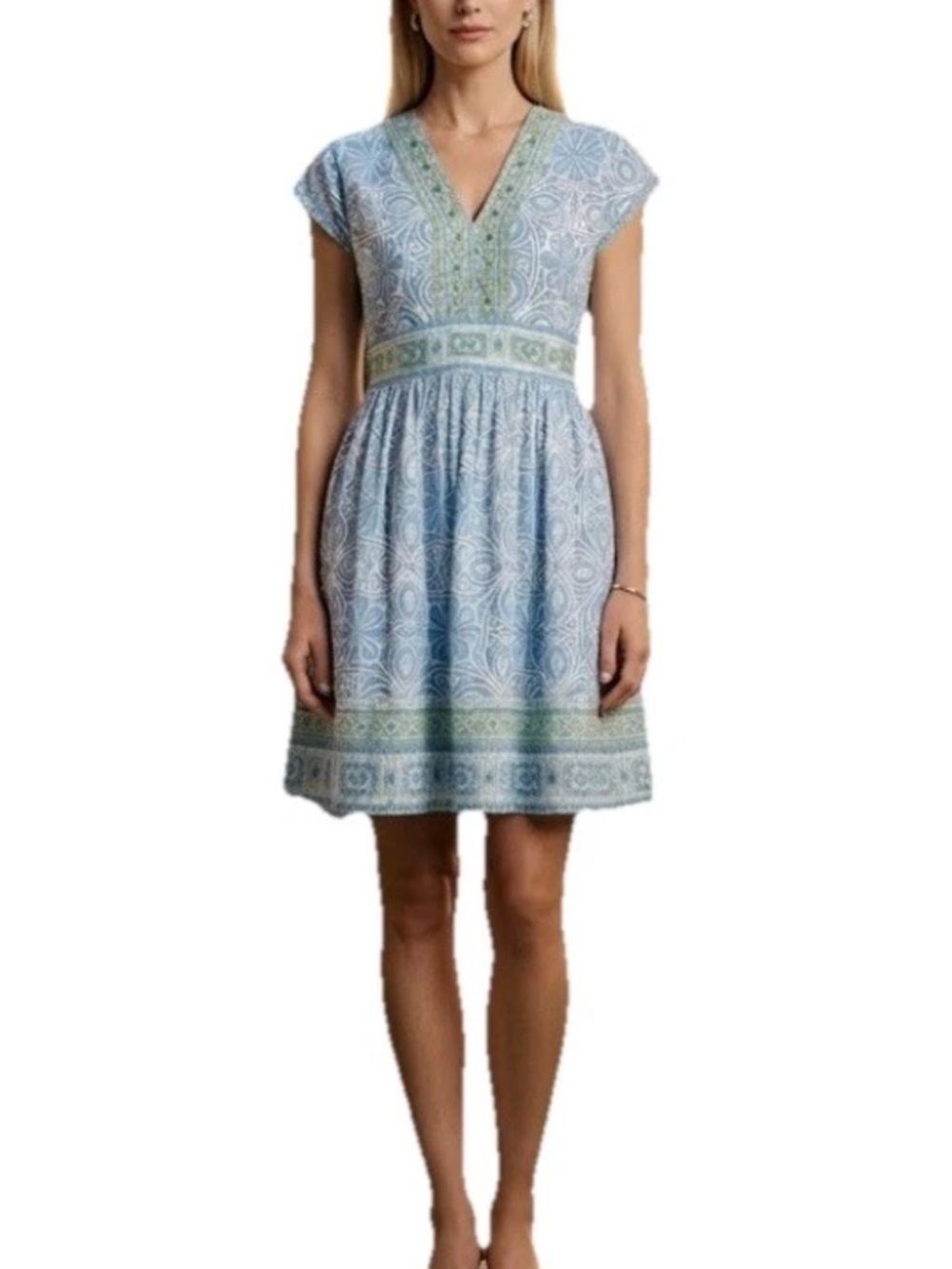 Bella Tu Blue Printed V-Neck Cap Sleeve Dress - M